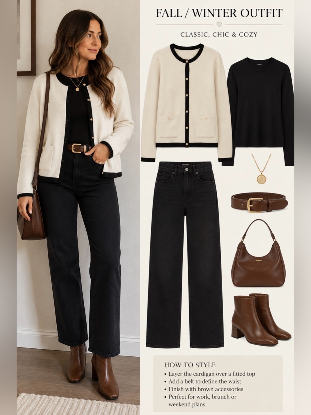 Zaful Cream and Black Trim Knit Cardigan